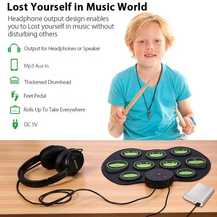 Electronic Usb Midi Hand Microphone Foldable Silicone Small Percussion Musical Drums