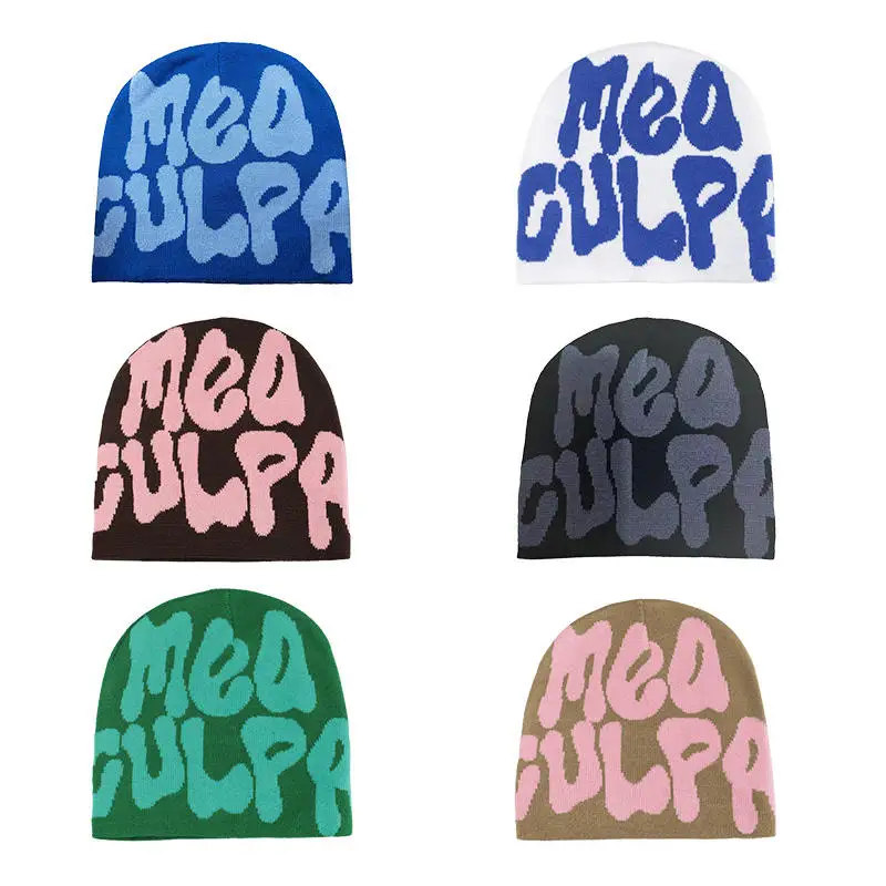 Custom All Over Print Beanie With Logo Embroidery Jacquard No Fold Bennie Hat Meaculpa Y2k Knit Skull Cap