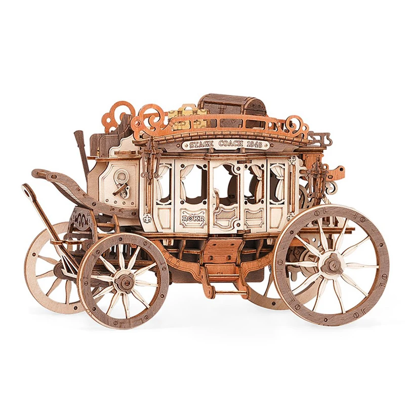 Robotime Rokr AMKA1 Wholesale Kids DIY Wind Up Music Box Toys Wooden Stage Coach Model Kits 3D Puzzles