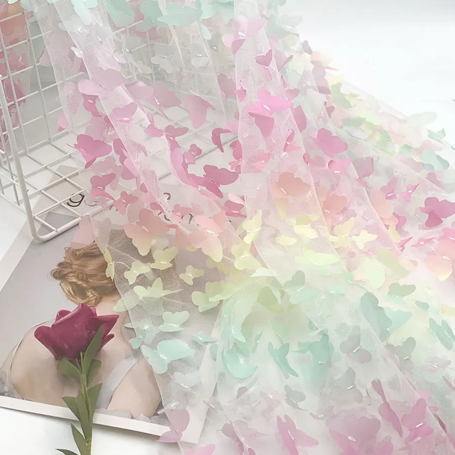 2021 Custom design dress material 100%polyester gradient row applique tulle sheer 3D multicolor butterfly mesh embroidery fabric