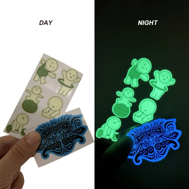 custom fluorescence color adhesive label printing luminous stickers glow in dark die cut sticker for guitar skateboard
