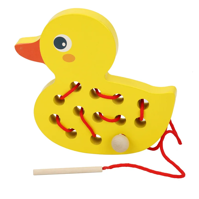 Wooden Lacing Duck Threading Toys Wood Block Puzzle Car Airplane Travel Game Montessori Early Development Fine Motor Skills