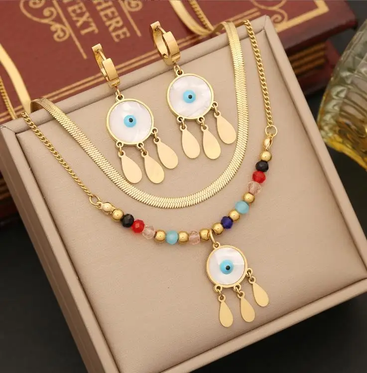 18k Vintage Drip eye jewelry sets stainless steel double chain Europe and America fashion jewelry sets