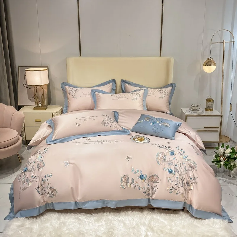 Pastoral Embroidered Flowers 4pcs Duvet Cover Set 100% Cotton luxury Soft Bed sheet set with Pillowcases