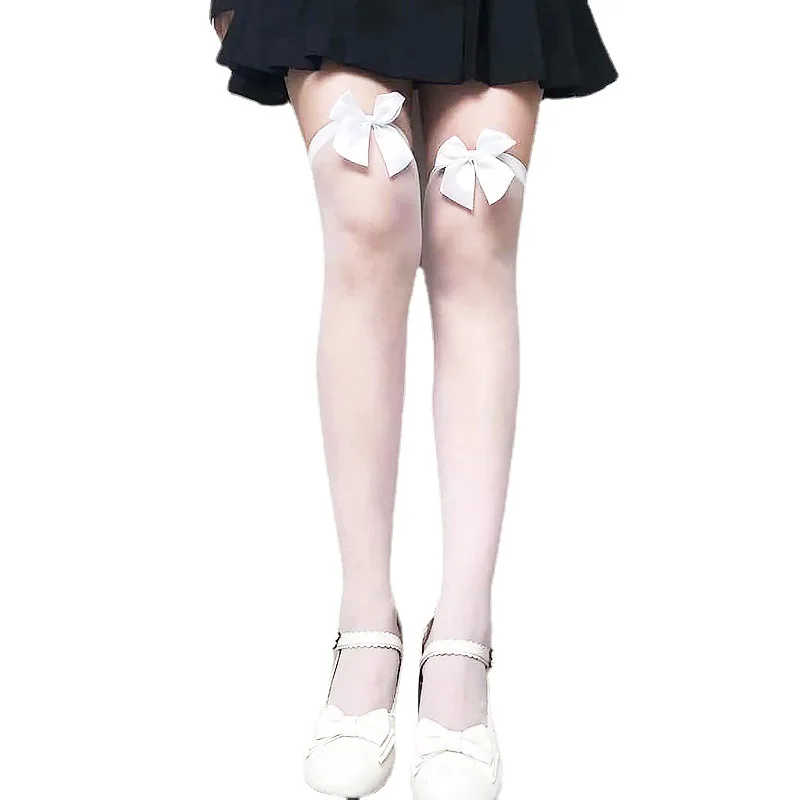 Summer thin section bow long white knee-high female socks Japanese high half black silk stockings