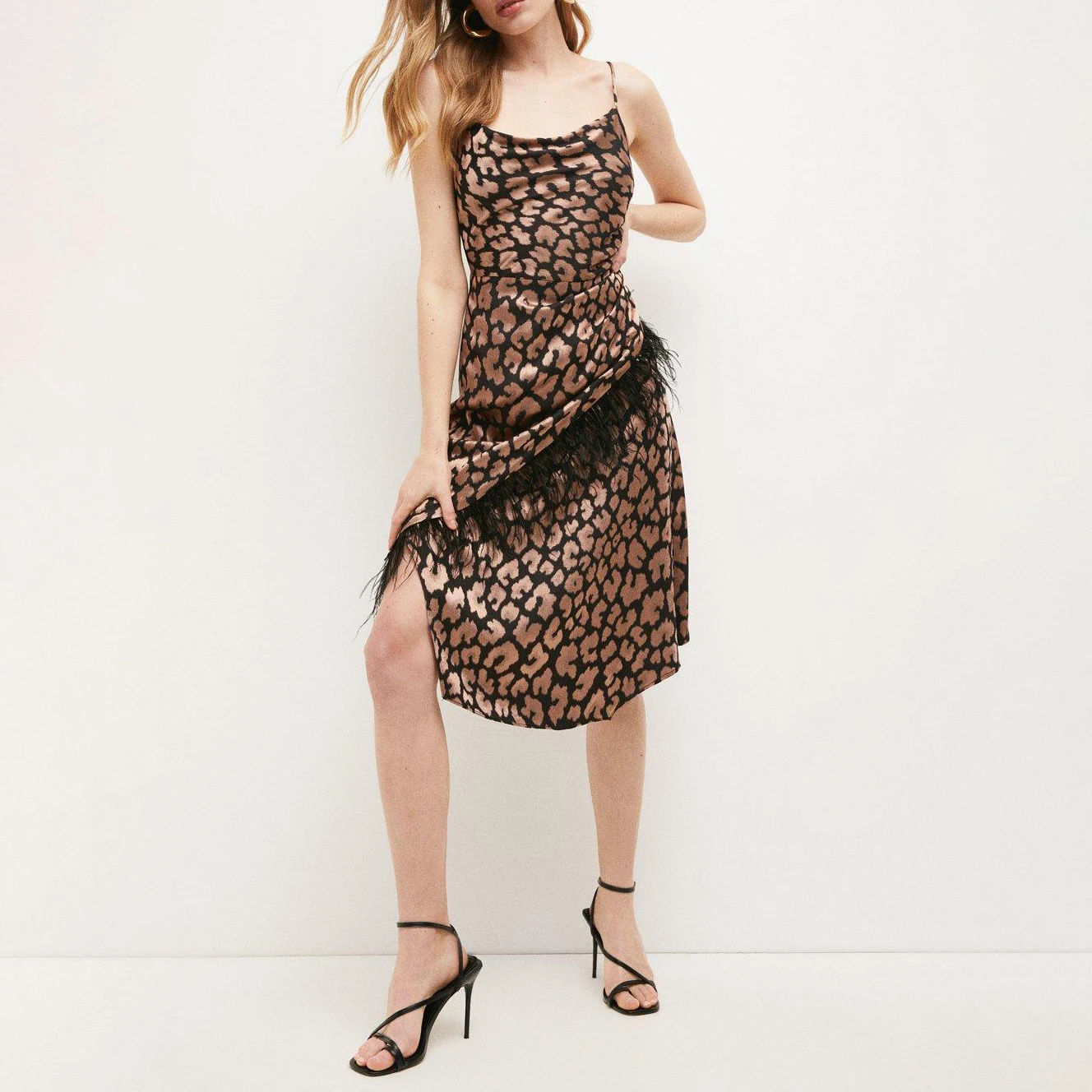 Leopard Jacquard Satin  Evening Dresses Cowl Neck Feather Midi Dress Classic Pattern Fashion Ladies Casual Dress