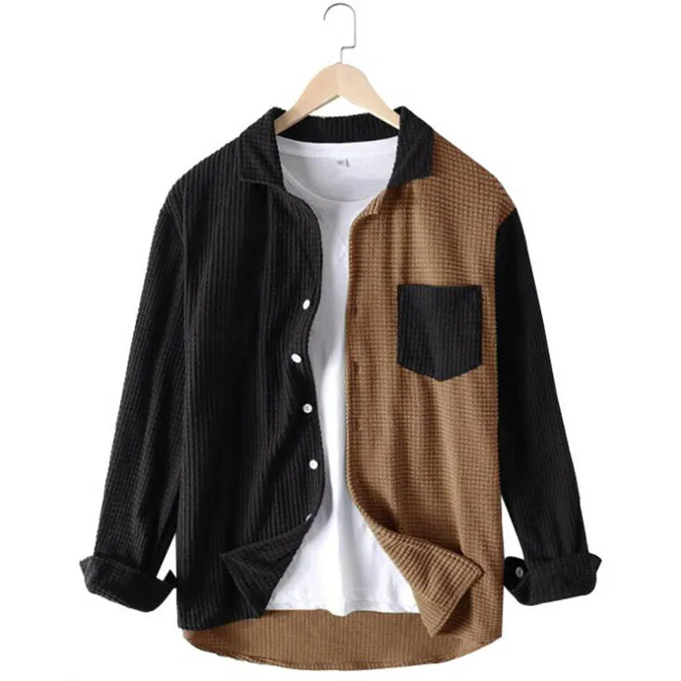 2022 Autumn Mens Contrast Patchwork Shirt Casual Corduroy Youth Premium Top Streetwear Men Lapel Pocket Long Sleeve Shirt