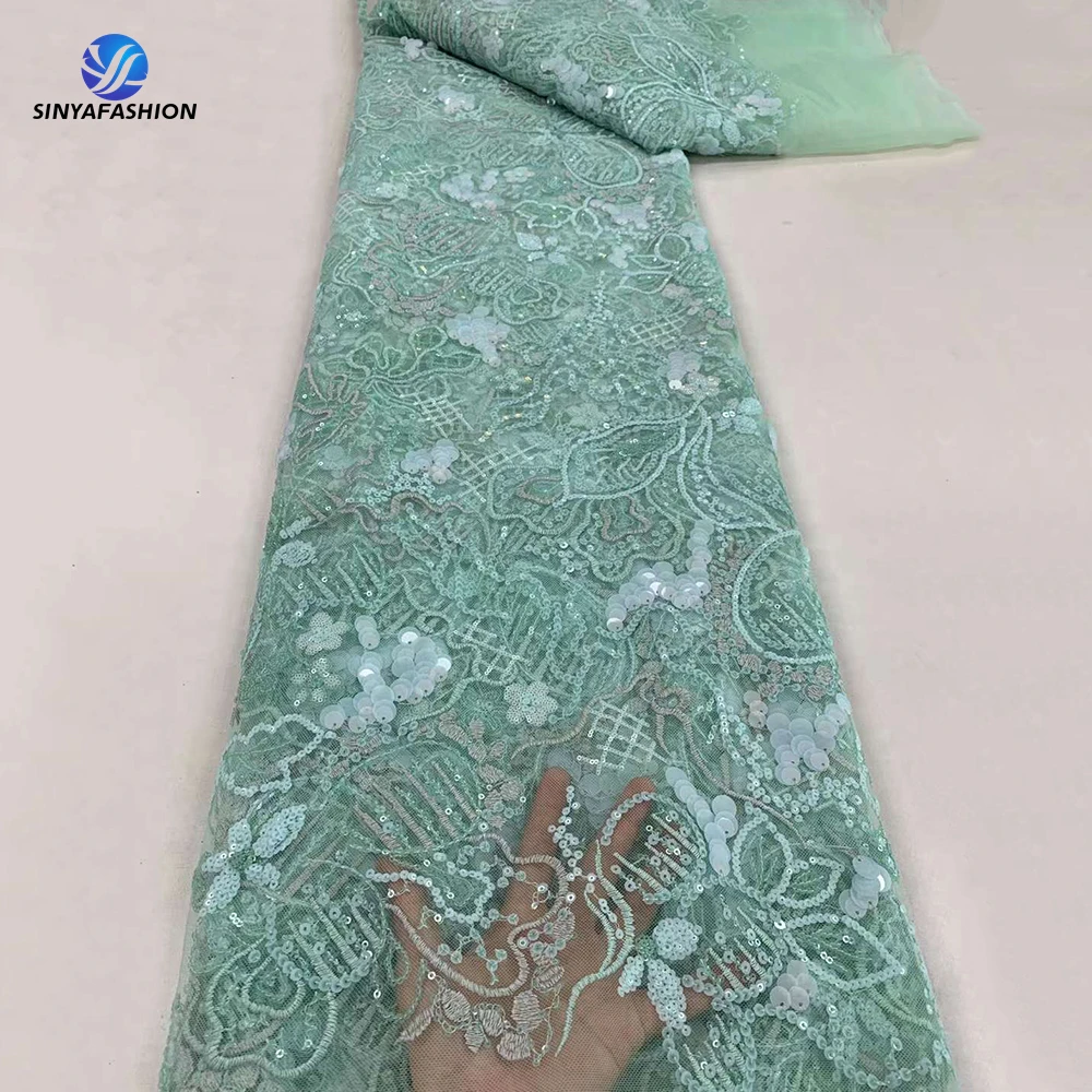 Sinya French Mesh Lace Fabric Embroidery Sequins Net Lace Large Shinning Glitter Fabric Luxury Dresses Women Elegant