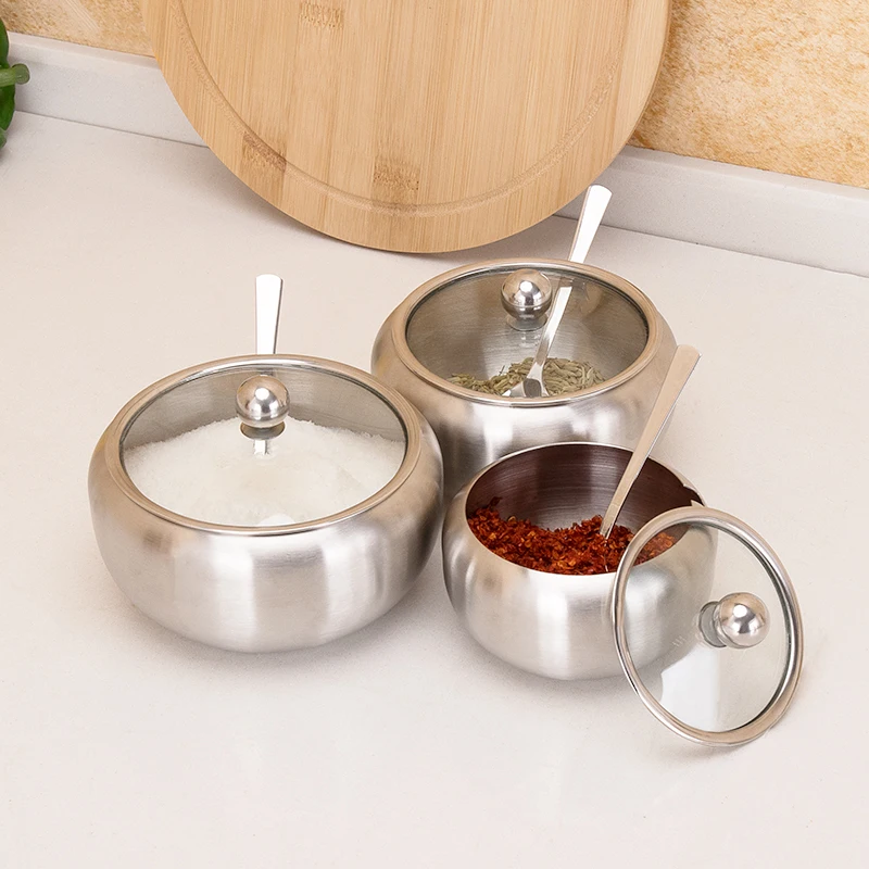 Hot selling household goods spice pot stainless steel seasoning pot with lid and spoon seasoning container