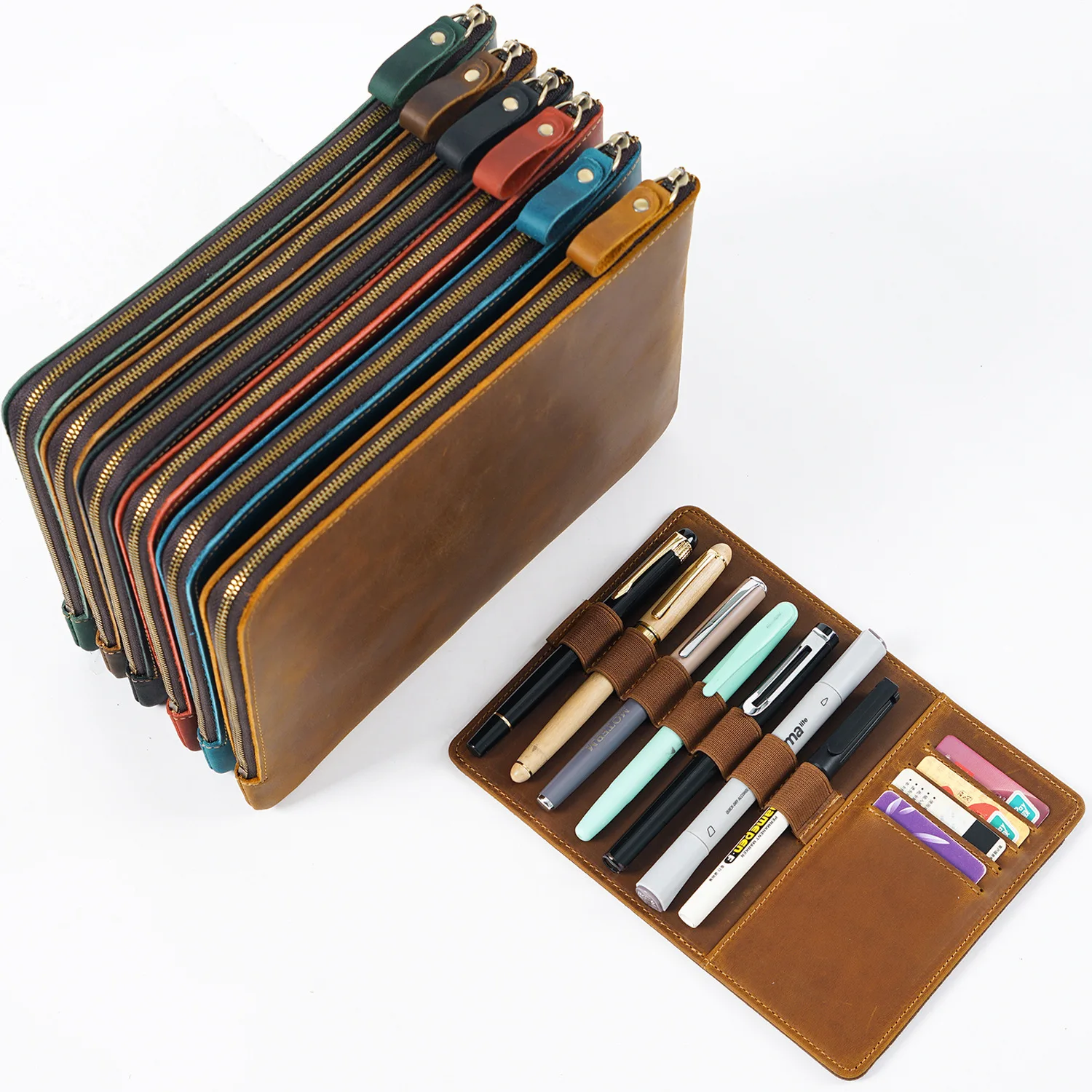 Large Capacity Crazy Horse Leather Pen Case Zippered Pencil Pouch Handmade Cow Leather Pen Bag For Student