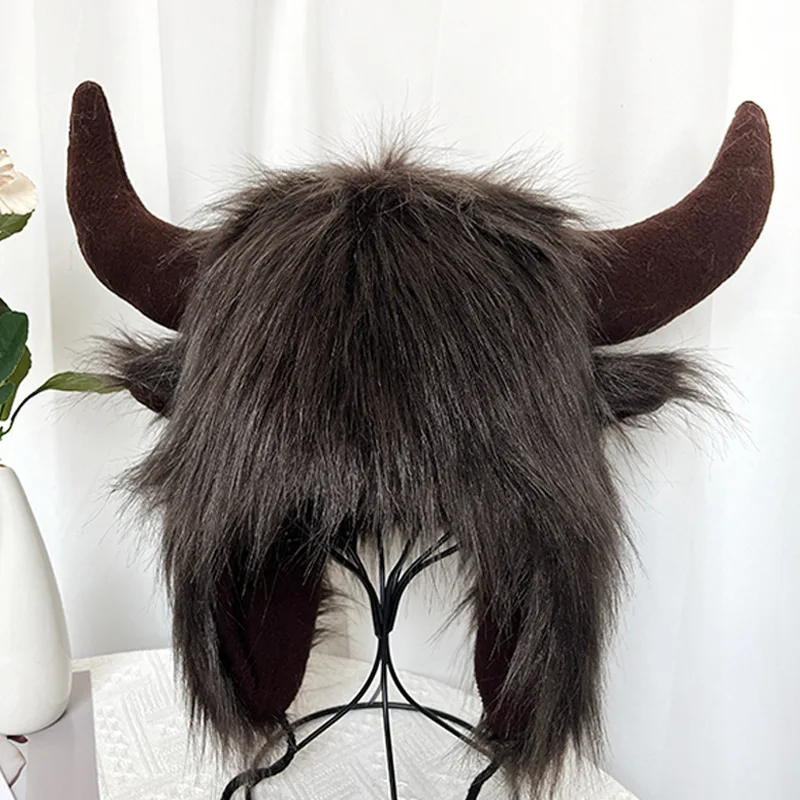 Fluffy Faux Fur Bull Horn Ear Protection Hat Role Play Party  Funny Cow Horn Warm Thick Ski Animal  Winter Cap