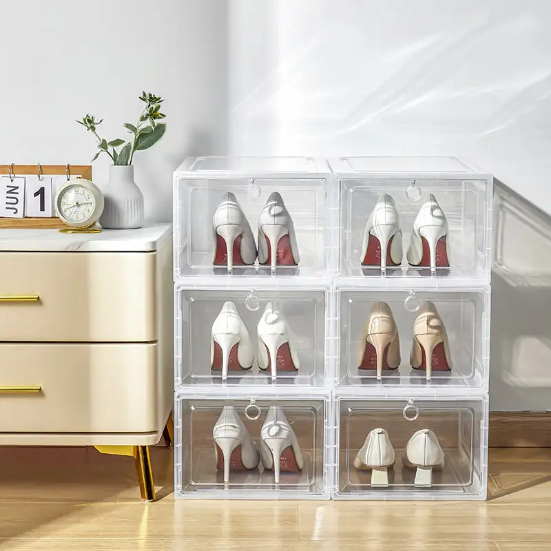 Customized Logo Hot 6 Pack Set Stackable Shoe Storage Box Crates Plastic Clear Sneaker Box For Shoes Display Shoe Case