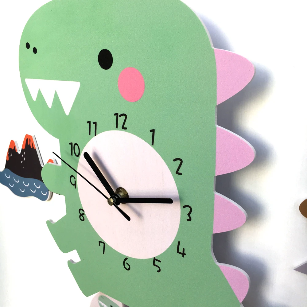 Funlife UWC014 Cartoon Wooden Wall Clock Non-Ticking Silent Animal Clock Green Dinosaur Wall Clock