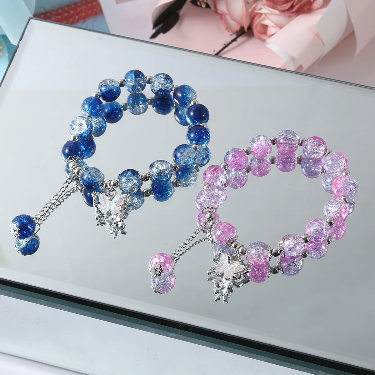 INS Fantasy Popcorn Cracked Crystal Beads Bracelet Butterfly Charm Gradient Color Girl Women Friendship Bracelets Jewelry Gift