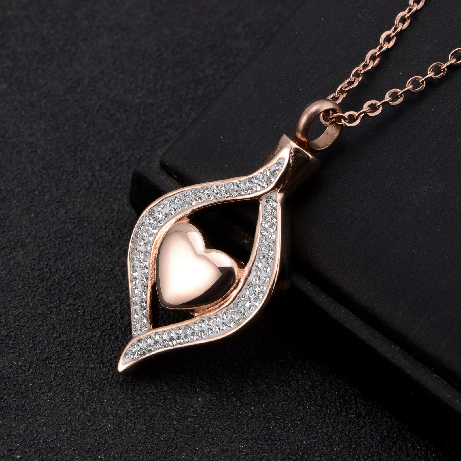 Crystal Pave Heart Stainless Steel Cremation Urn Locket Necklace Pendant