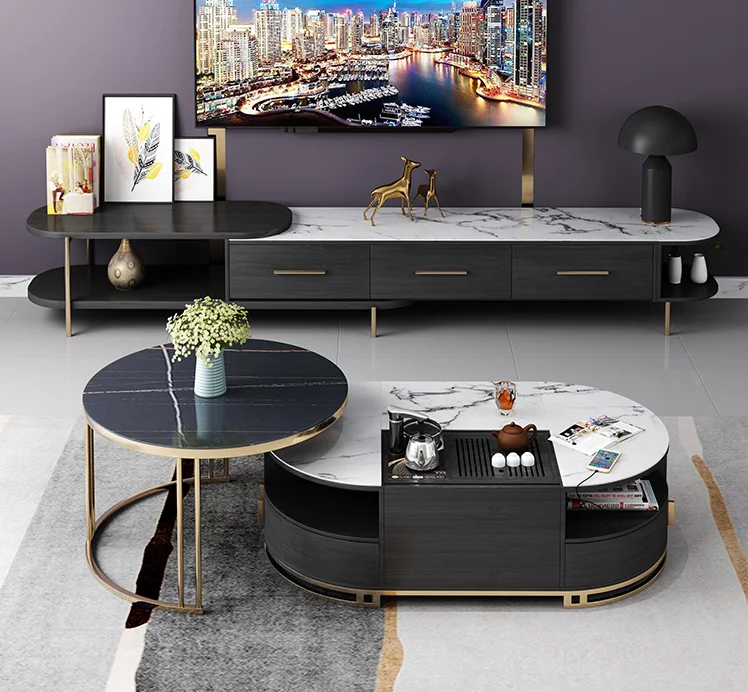 C03A new electric lifting rock board telescopic TV cabinet combination set, light luxury and simple style coffee table