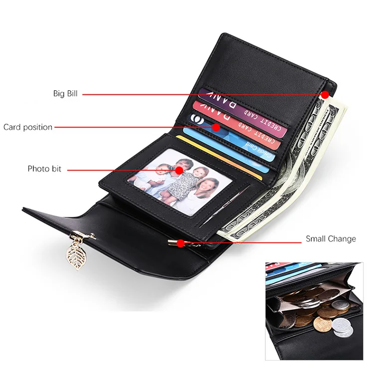 RFID anti-theft brush mini three fold credit card clip PU leather Leaf Pendant zero wallet