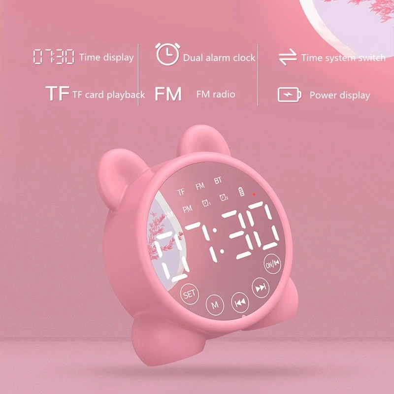 Mirror Mini Home Clock Speaker, Portable Wireless Speaker Hands-Free Call FM Radio TF Card Playback