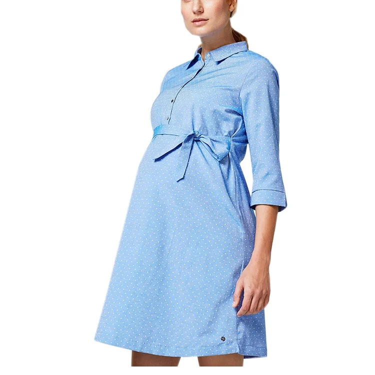 3/4 Saleeve Polka Dot Shirt Dress Pregnant Women Maternity Clothing Dress