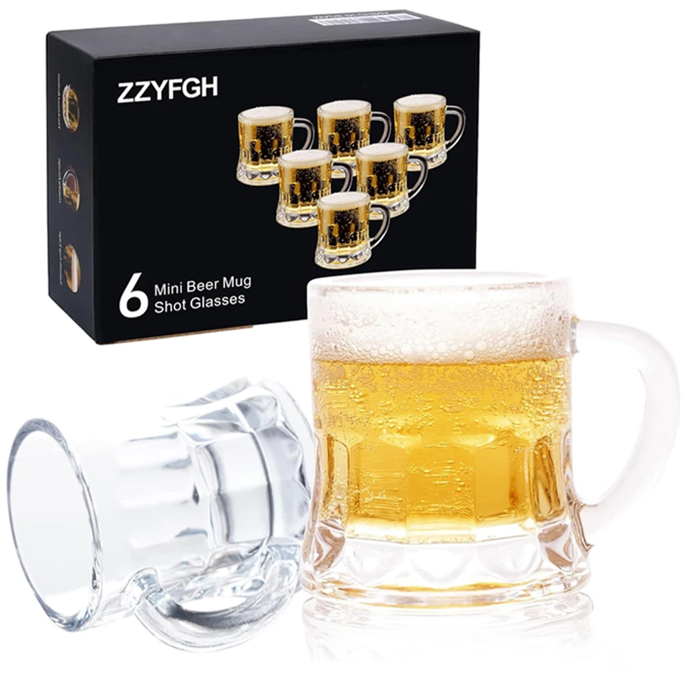 6pcs Clear Glass Set Beer Glass with Handle 1.8Oz Thick Bottom Wine Glass Gift Box Suitable for Party Birthday Wedding