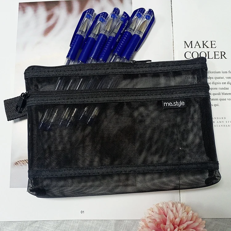 
Korean Pencil Bag Simple Transparent Mesh Bag Black & White Grey Student Test Bag Large capacity Writing holographic pencil pouc 