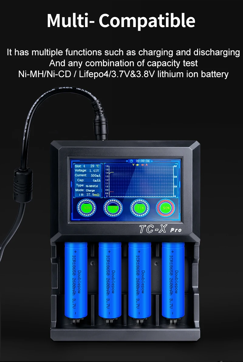 Smart 12V Discharge Tester Rechargeable 4-Slot Battery Capacity Checker for AA AAA C D Size Lithium NiMH Lithium Batteries