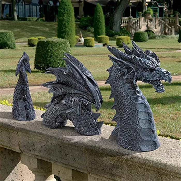 Resin Dragon of Falkenberg Castle Moat Lawn Garden Statue, 28 Inch Total, Polyresin, Grey Stone