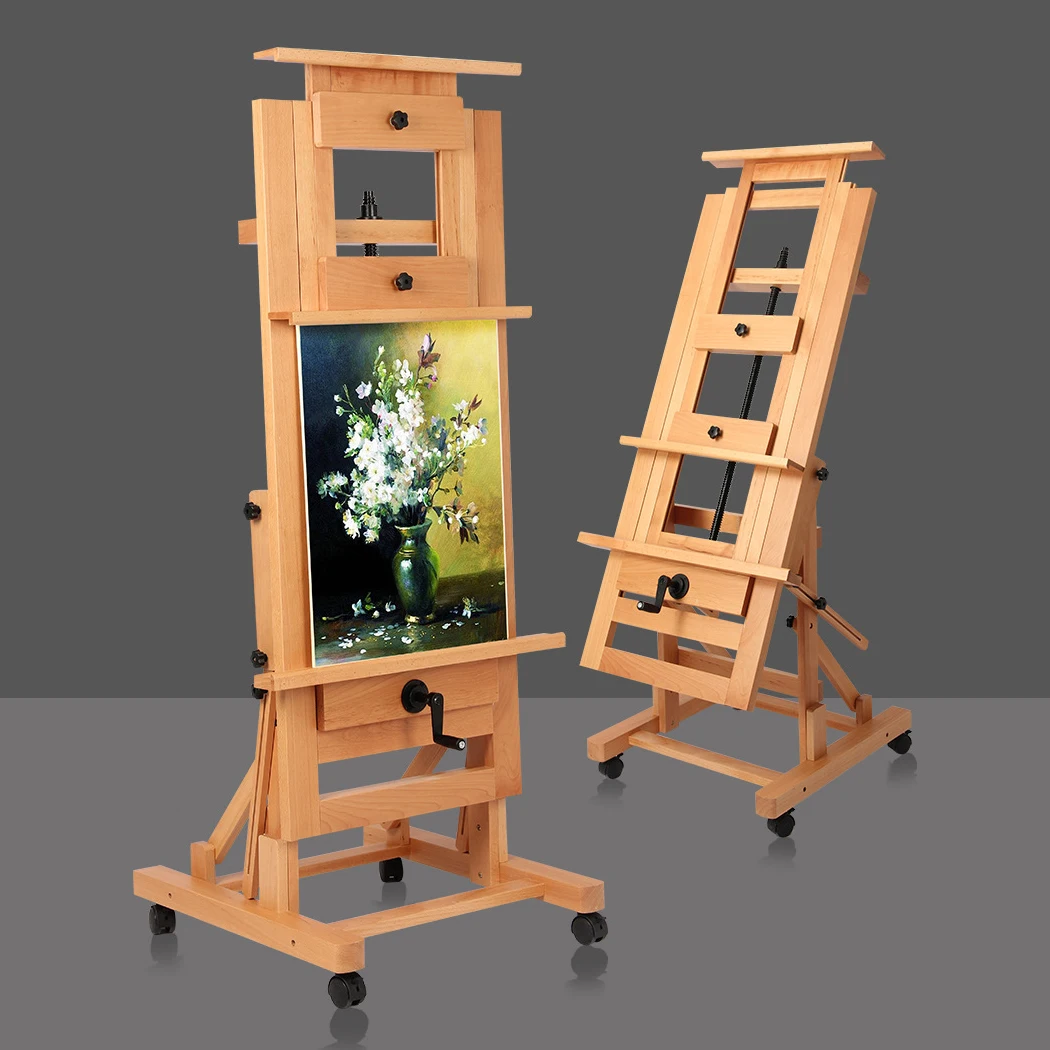 H frame Wooden Studio Easel With Rocker Adjustable Art Solid Beech Wood Floor Easel Stand For Painting