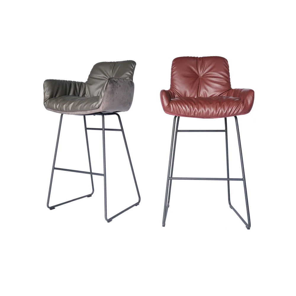 Low Armrest Wine Red PU And Velvet Splicing&Metal Chair Fixed Base With Foot Rest For Bar Home Furniture Factory Outlet