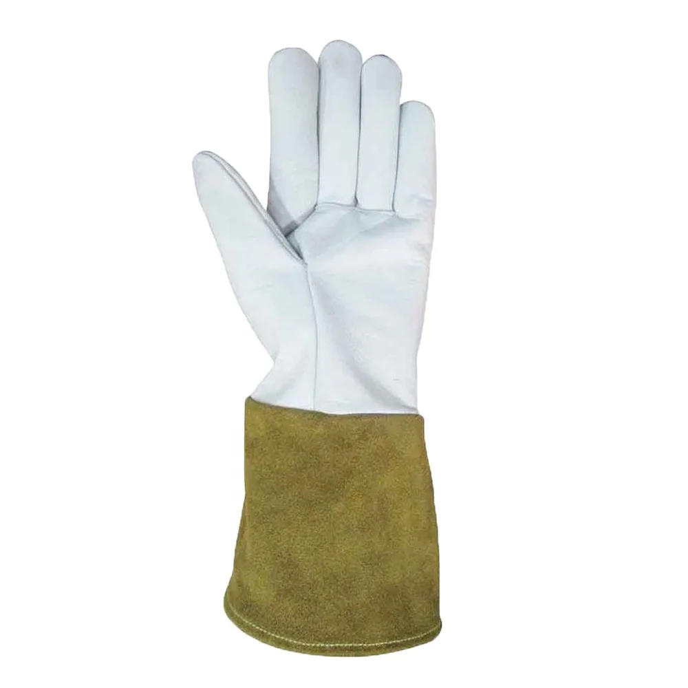 Heat Resistant Safety Work Welding Gloves Tig Grain And Cow Leather Long Cuff White Top Cow