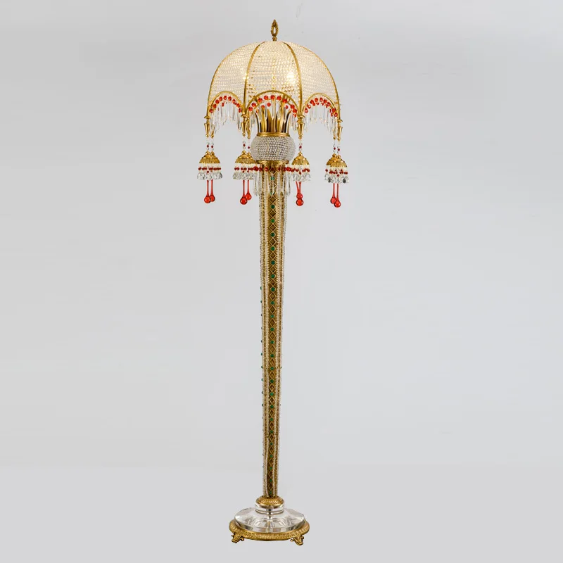 Tiffany Luxury European Crystal Beads Floor Lamp with Copper Tall Corner Standing Led Night Light for Living Room & Study