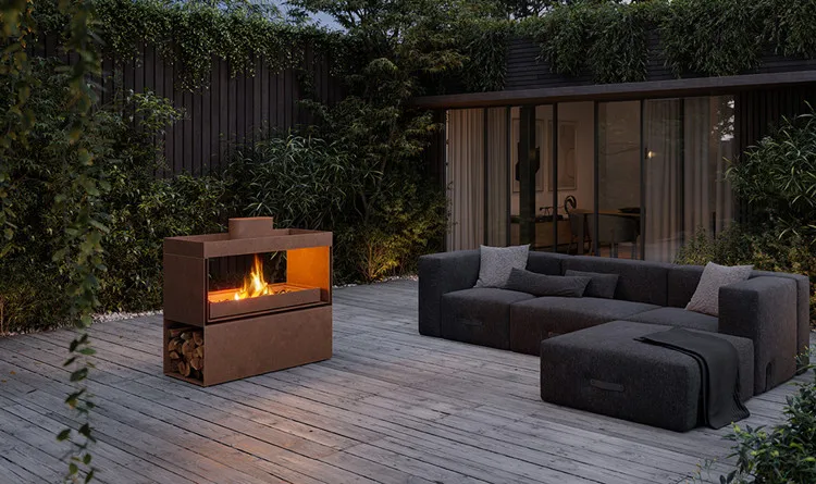 mid century modern outdoor patio triangle corten steel woodburning fireplace garden wood storage fireplace heater with bbq