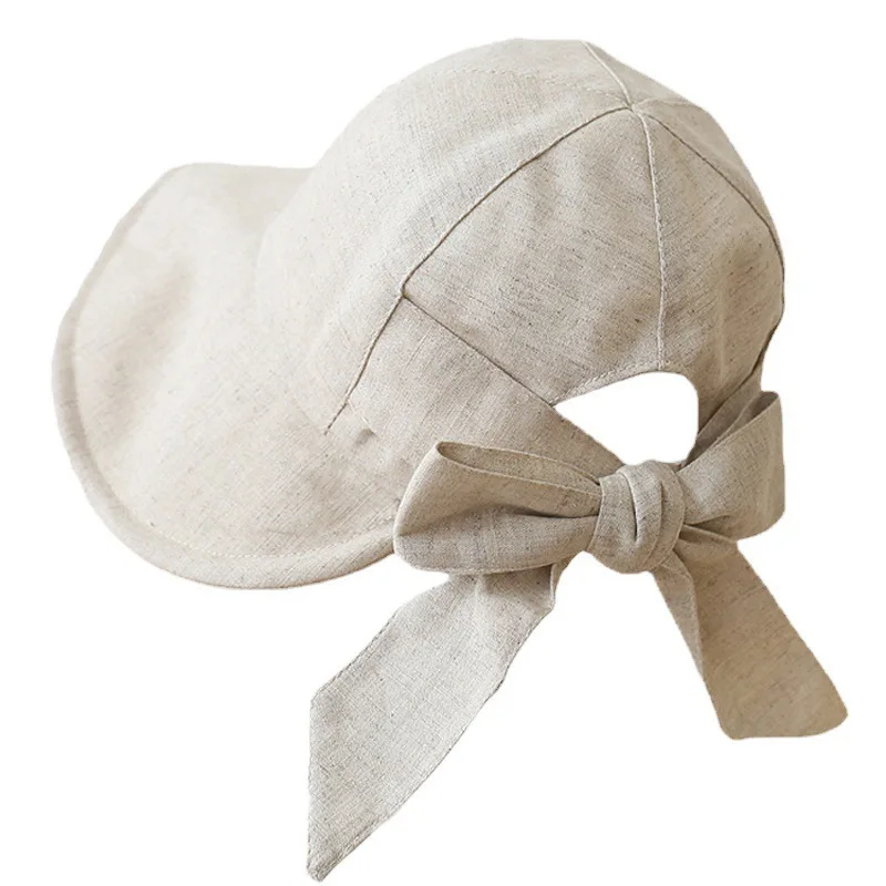 Wholesale Custom Label Cotton Linen Sun Cap Women Fashion Bucket Travel Beach Sunshade Cap Hat