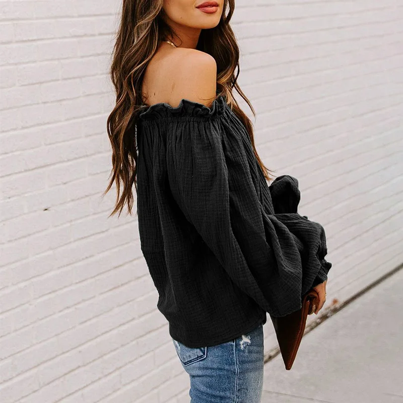 Private Label High Quality Long Sleeve Female Black Off Shoulder Designer Ladies Tops Blouses Elegant Women