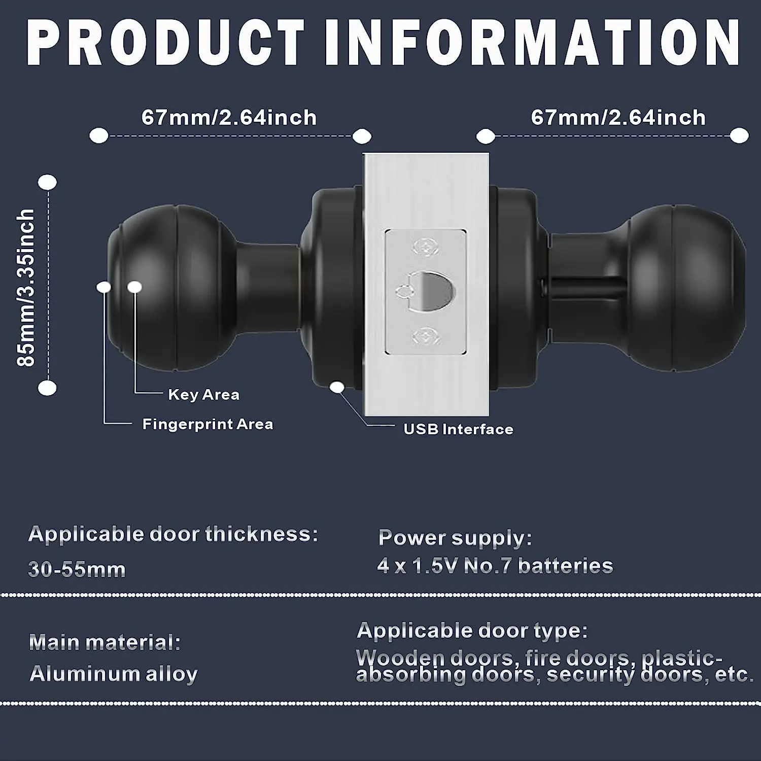 Smart Fingerprint Door Lock, Keyless Entry Door Knob, Biometric Door Knob with App Control Emergency Key Access