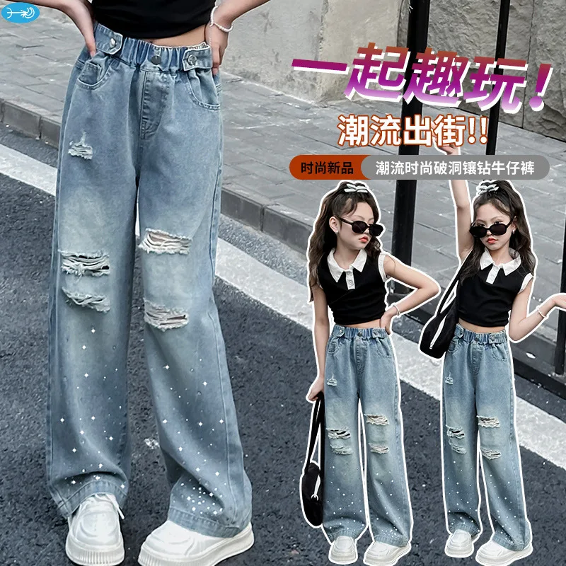 2024 New Fashion Children Girl Summer Thin Bling Bling Ripped Jeans 5-15 Years