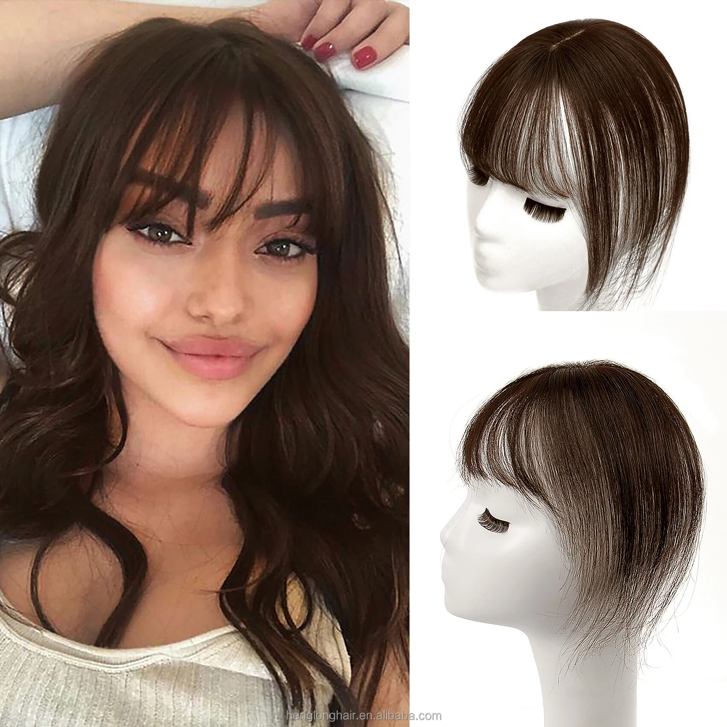 Brown Bangs Hair Clip ,360° 3D Cover Clip in Bangs ,100% Real Human Hair Toppers with Bangs for Women Bangs for Daily Wear