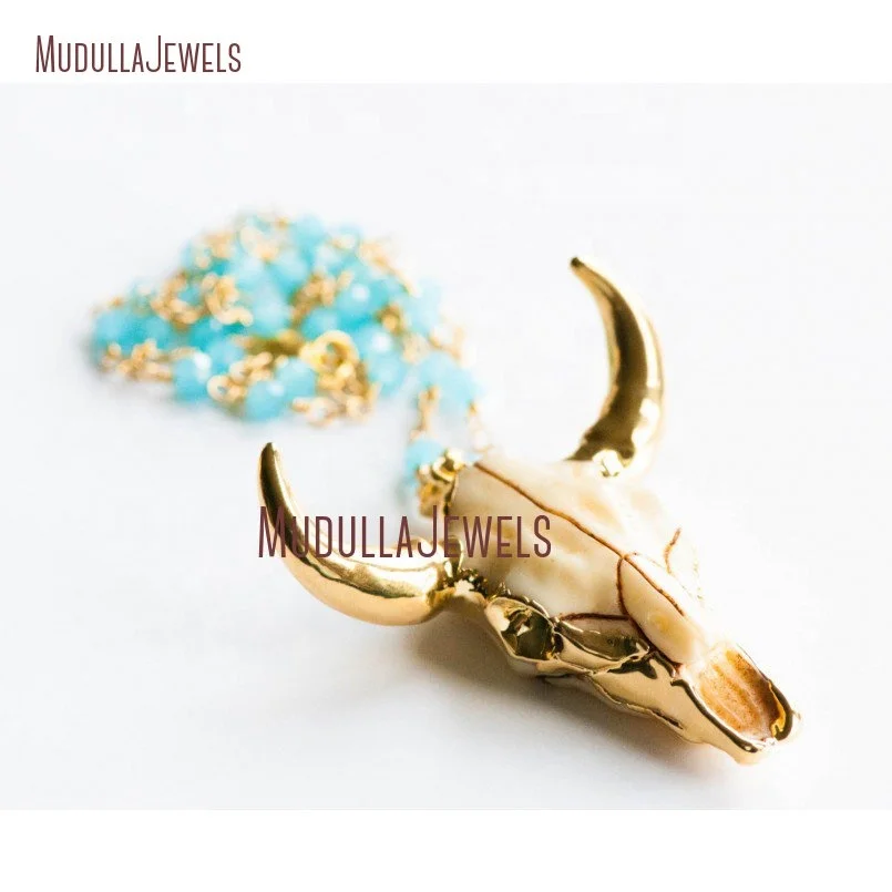 NM10813 Golden Cow Skull Necklace Cattle Bull Skull Charm Necklace Cowgirl Jewelry Beads Rosary Chain OX head Longhorn Necklace