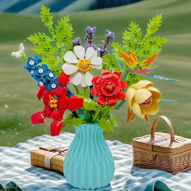 Eternal Decorative Bouquets Plastic Flowers Calendula & Kapok Series With Vase Gift Flower Bouquet Building Block Sets Flower