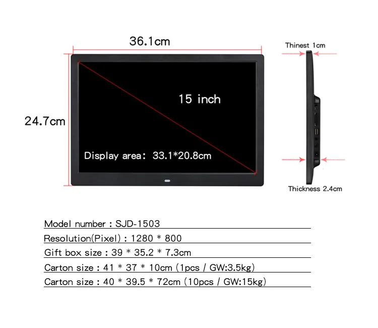 Оптовая продажа USB/SD электронный фотоальбом 1280*800 цифровая hd-фоторамка 15-дюймовая фото альбом для