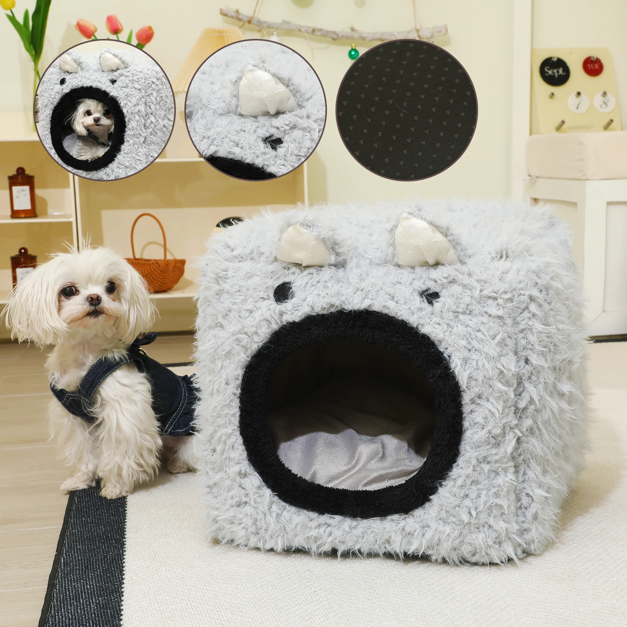 New Breathable Square Sherpa Cat House Winter Warm Fluffy Closed Cat Dog Kennel Deep Sleeping Dog Bed Anti-slip Bottom Pet House