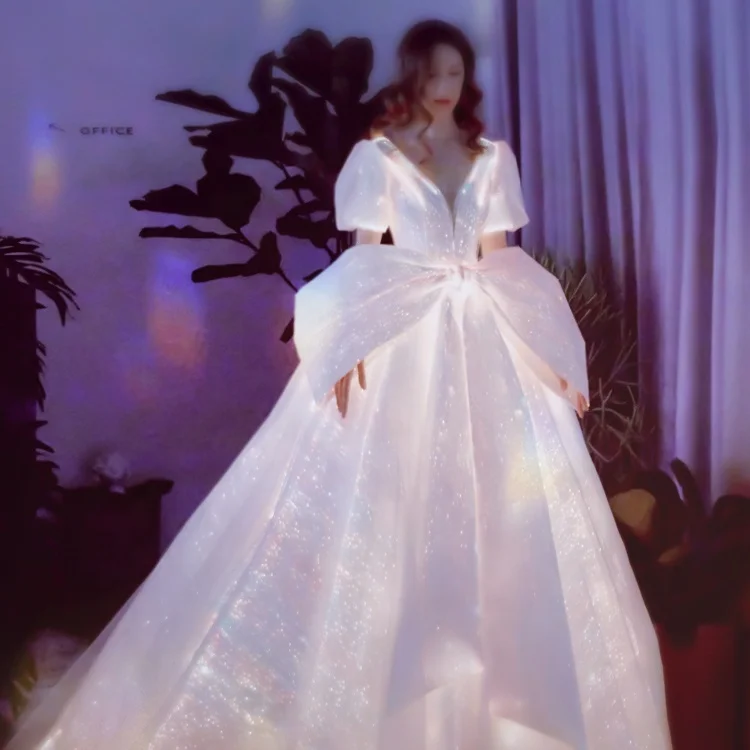 Haute Handmade Couture Vestidos De Novia V Neck Short Puff Sleeve 7 Color Led Light up Bowknot Wedding Dress