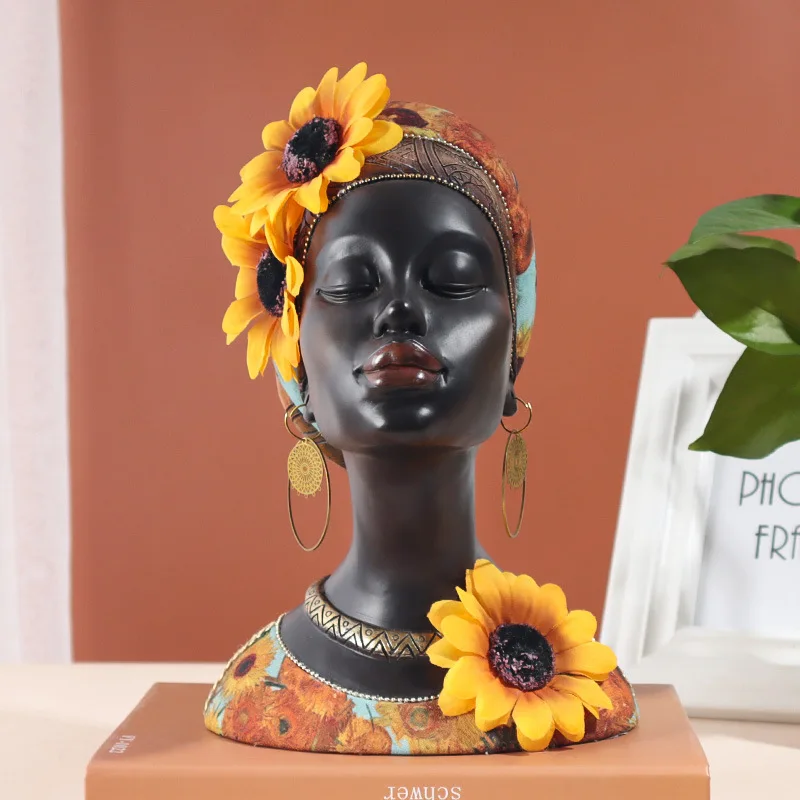 black african women furniture with sun flower resin africa girl head statue arts and crafts table ornaments for home decoration