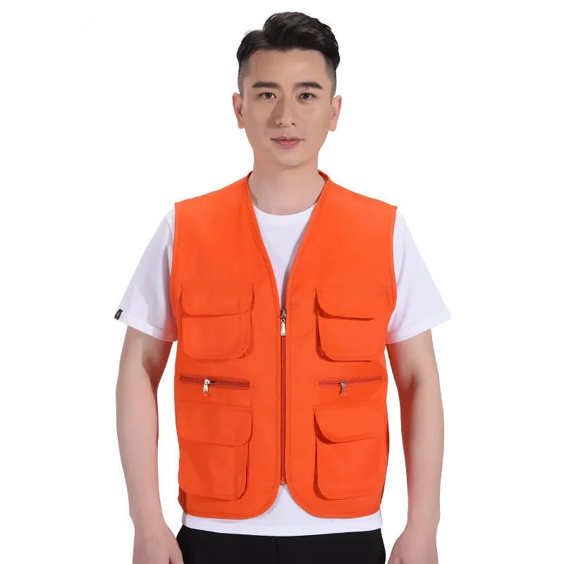 Jinteng Custom Logo Utility Reporter Multi Pocket Fishing Solid Workwear Uniform Cargo Vest for Outdoor Polyester Zip up Vest