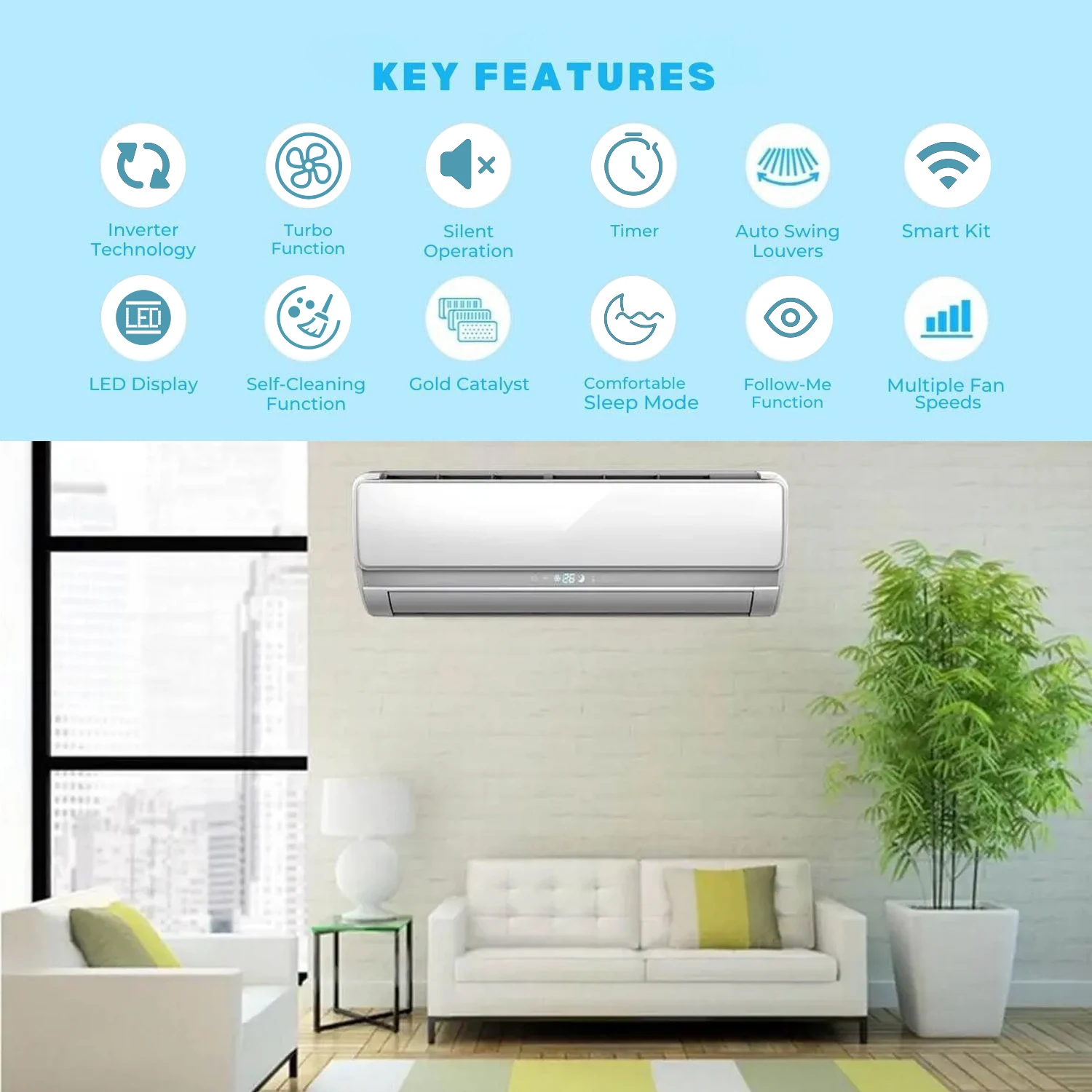 18000BTU No Inverter Cooling Heating Sensor Manufacturers Single Room Airconditioner Wall Split Dc Air Conditioner 12V