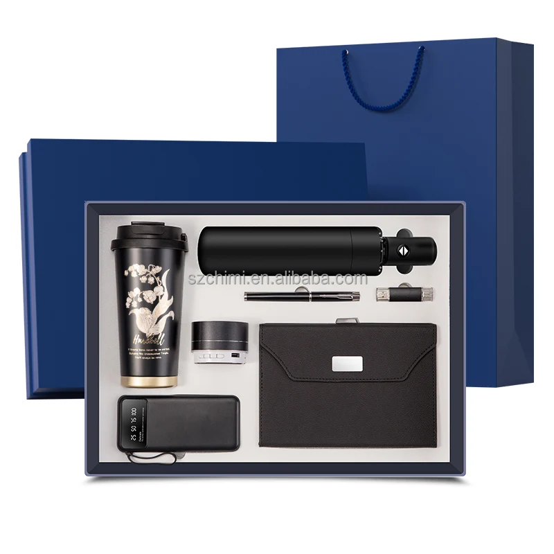 7 in 1 vacuum mug, umbrella, pen, usb, speaker, notebook, power bank custom logo luxury gift set corporate gift set