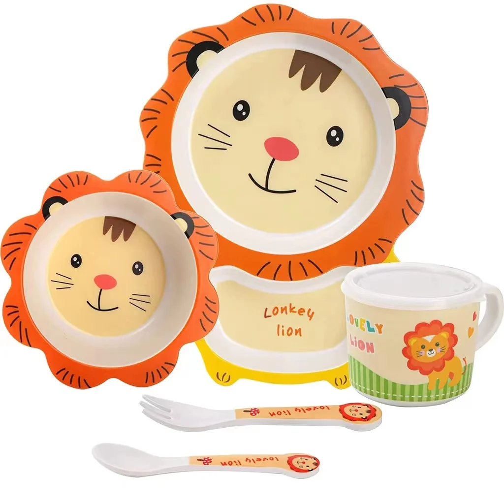 Bamboo Fiber Children Dinnerware Set  Baby Eating Training Set Toddler Plate Bowl Cup 5-piece Feeding Cartoon Lion Tableware