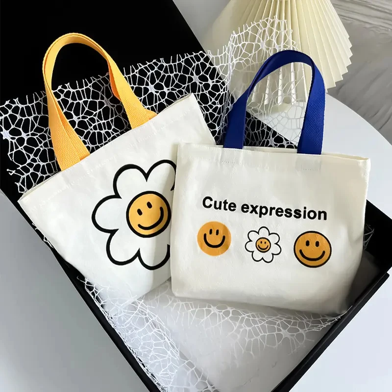 New Style Cute Korean Fashion Shopping Tote Bag Cotton Canvas Tote Bags with Custom Smile Pattern Printed Logo