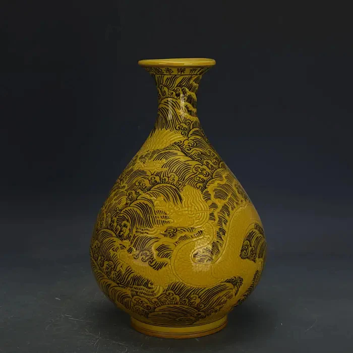 Quality Cheap Price Antique chinese hand carved dragon design porcelain ceramic yellow glazed vase for collection