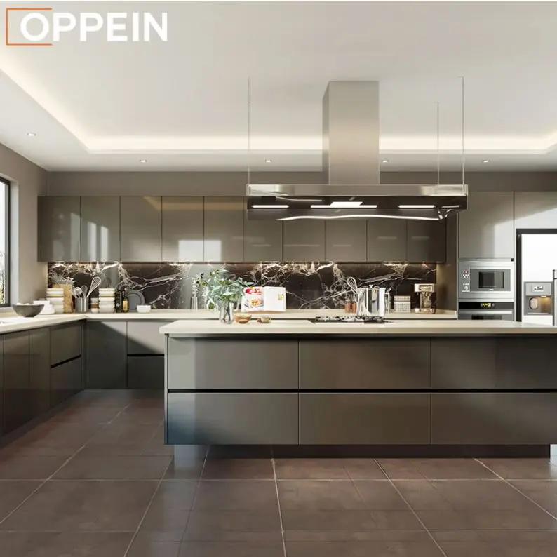 OPPEIN Kitchen Cupboards Cabinet Japanese Style Champagne Custom Gloss Lacquer Kitchen Cabinet